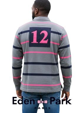Eden Park Paris Charcoal Grey Pink Strip Long Sleeve Polo Rugby Jersey (